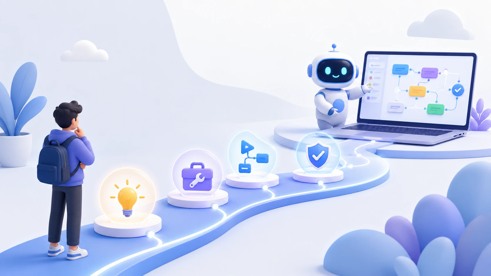 تصویر مفهومی از مسیر ساده ساخت اولین AI Agent برای آشنایی اولیه