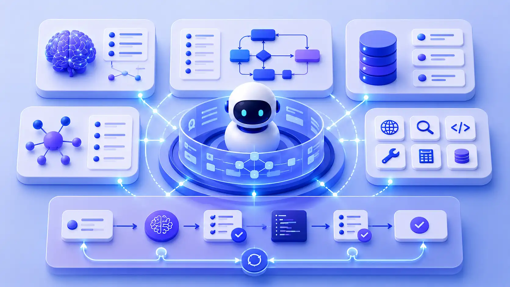 نمای مفهومی از لایه‌های planning، tool use، memory و orchestration در معماری یک AI Agent