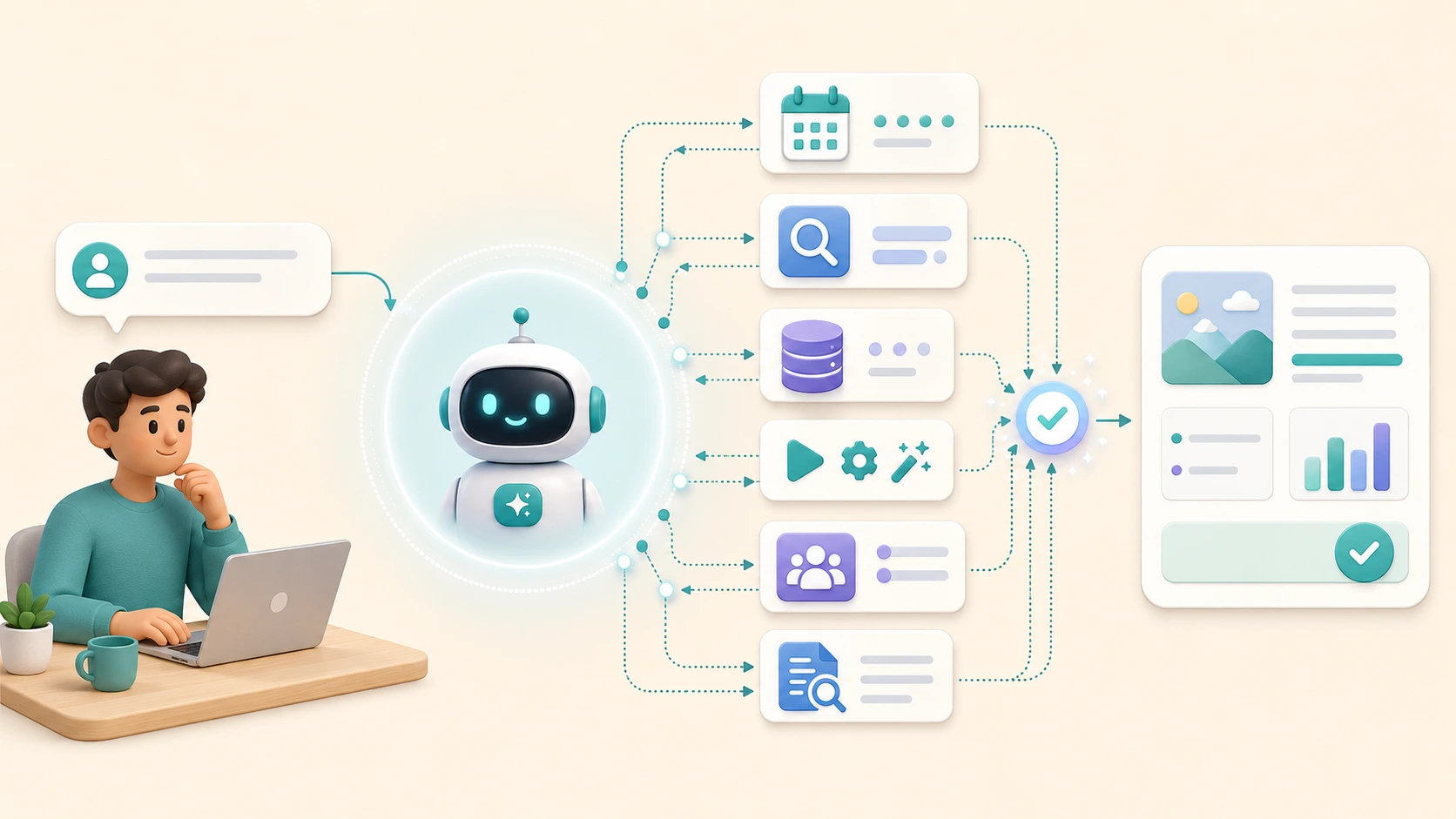 تصویر مفهومی از Tool Calling در AI Agent برای توضیح اتصال گفت‌وگو به عمل