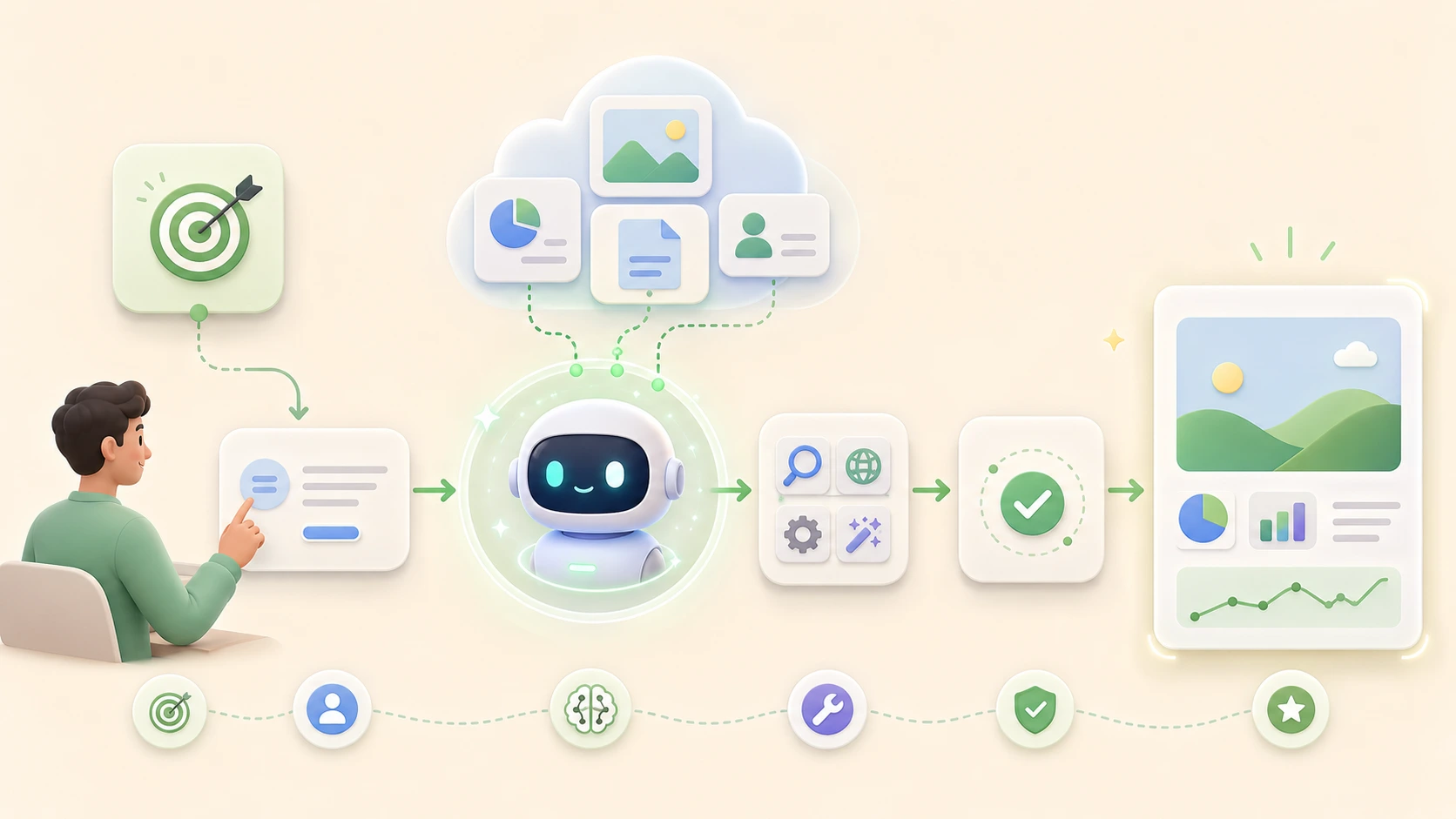 تصویر مفهومی مسیر مرحله‌به‌مرحله Workflow در AI Agent برای آشنایی اولیه